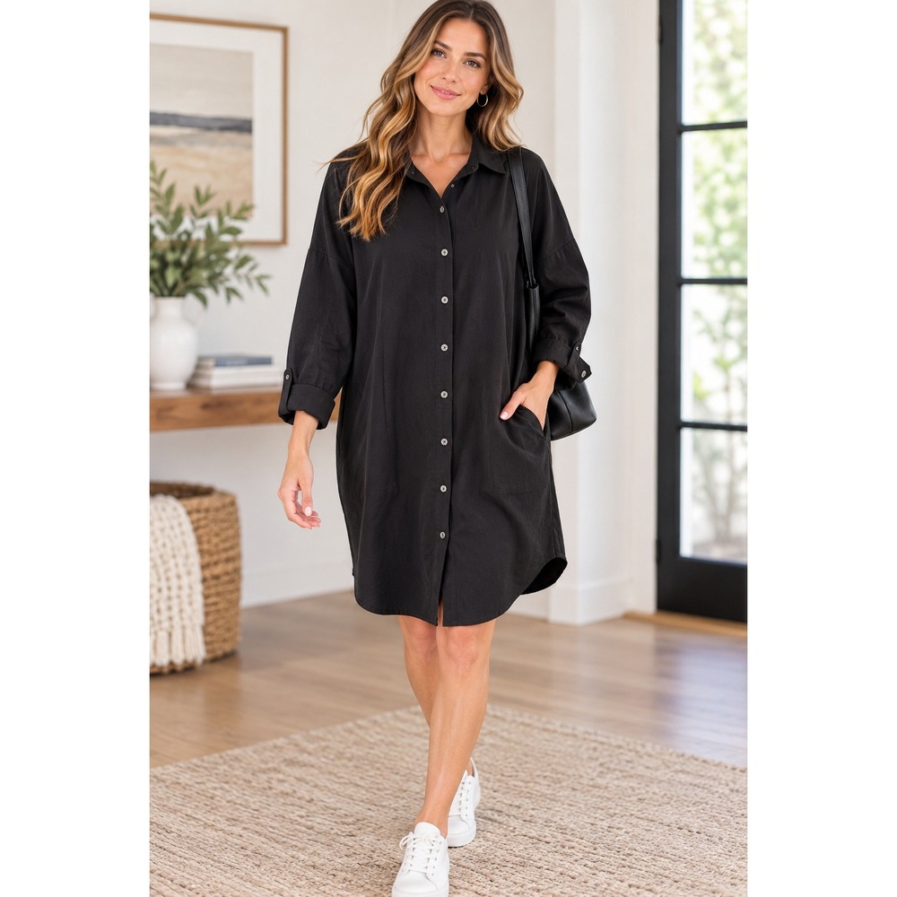Zijue Original Design Black Button Down Shirt Dress Oversized Long Sleeve M